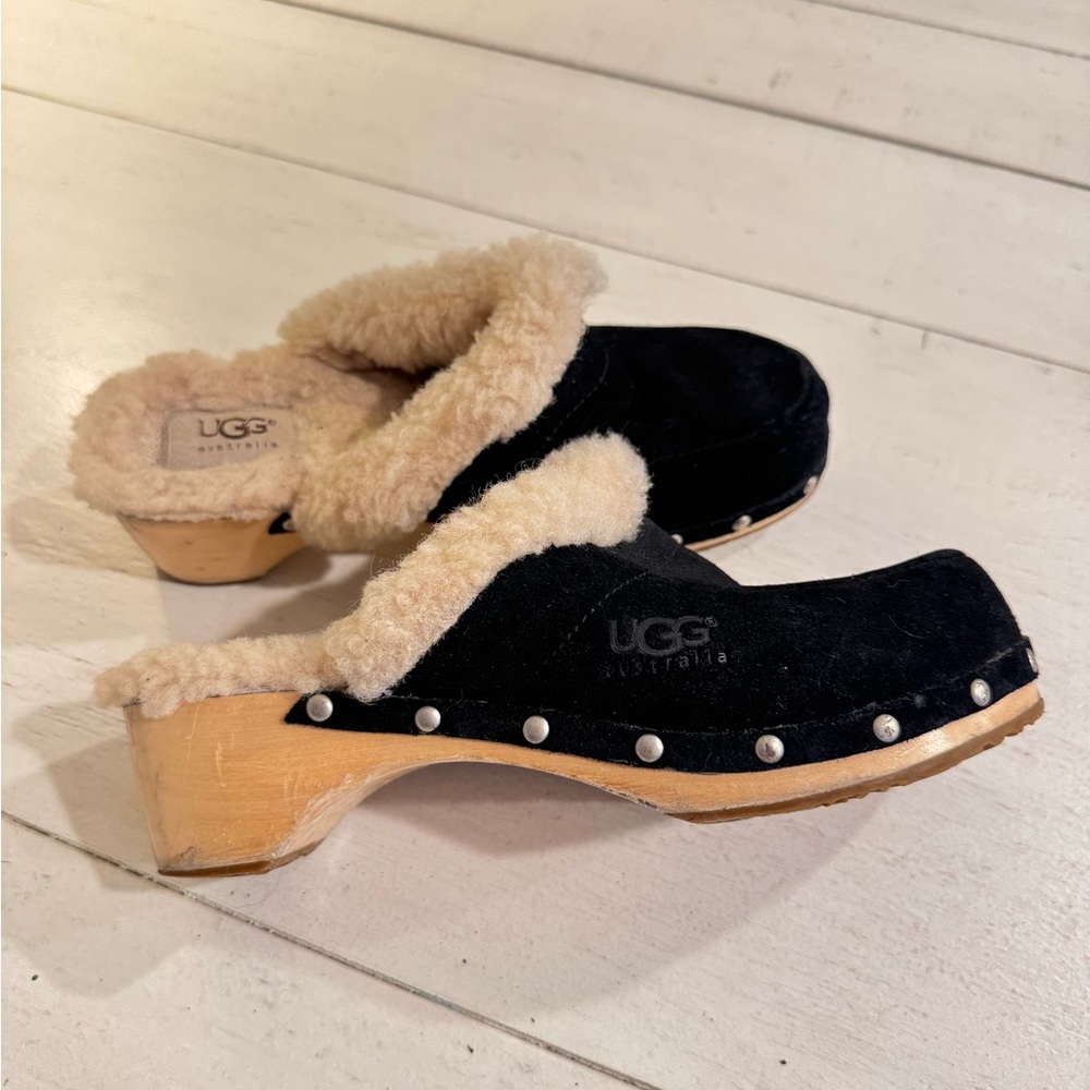 UGG Black and Cream Shearling Mules